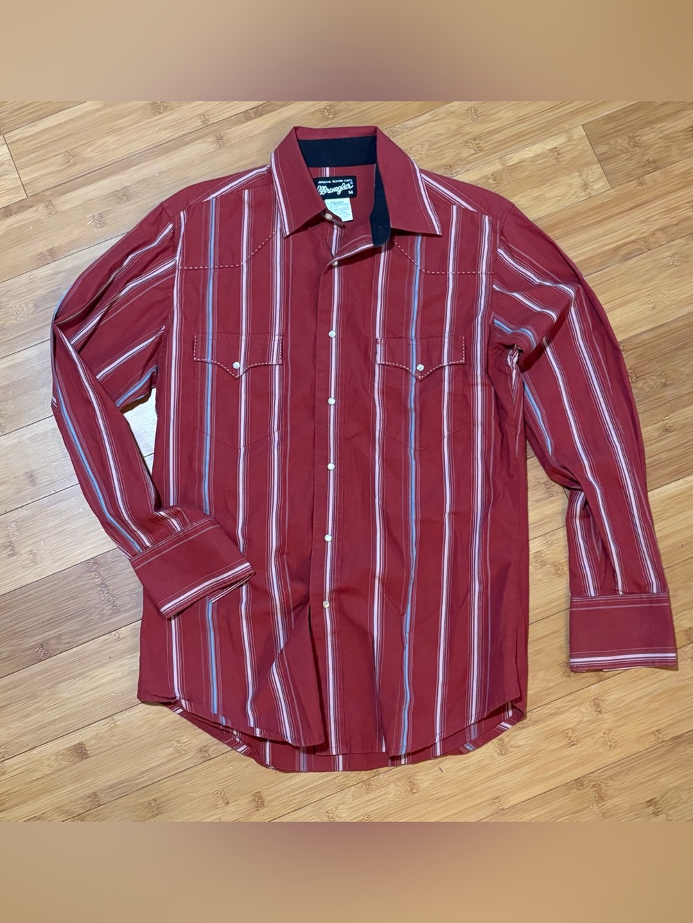 Wrangler Authentic Western Shirt Mens M Red Pearl Snap Striped Cowboy